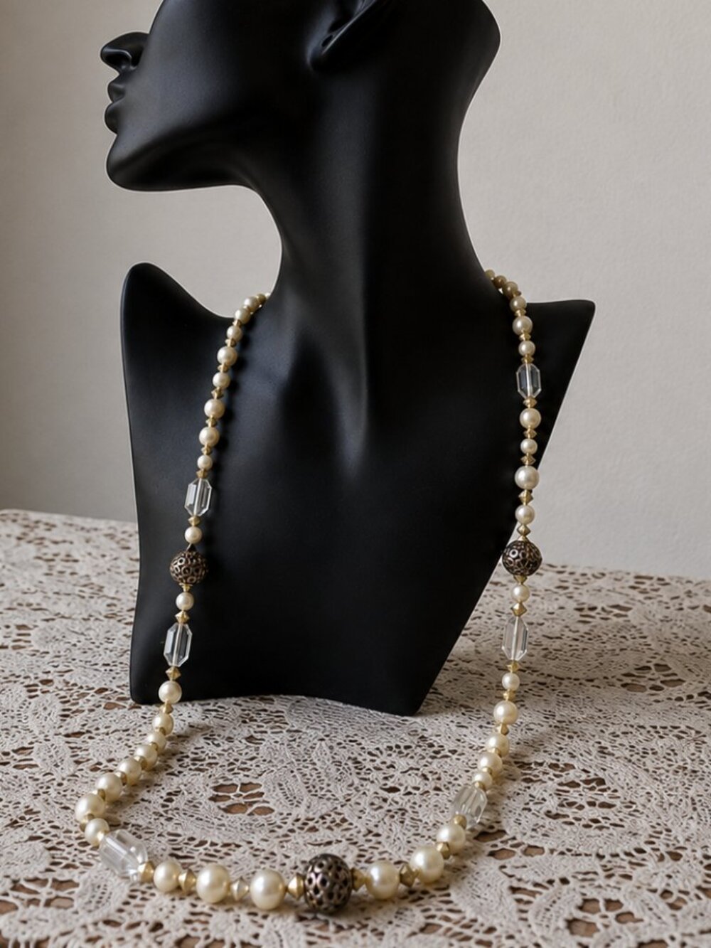 Vintage 1960s Faux Pearl 34in Necklace Gold Tone Clear Beads Barrel Clasp